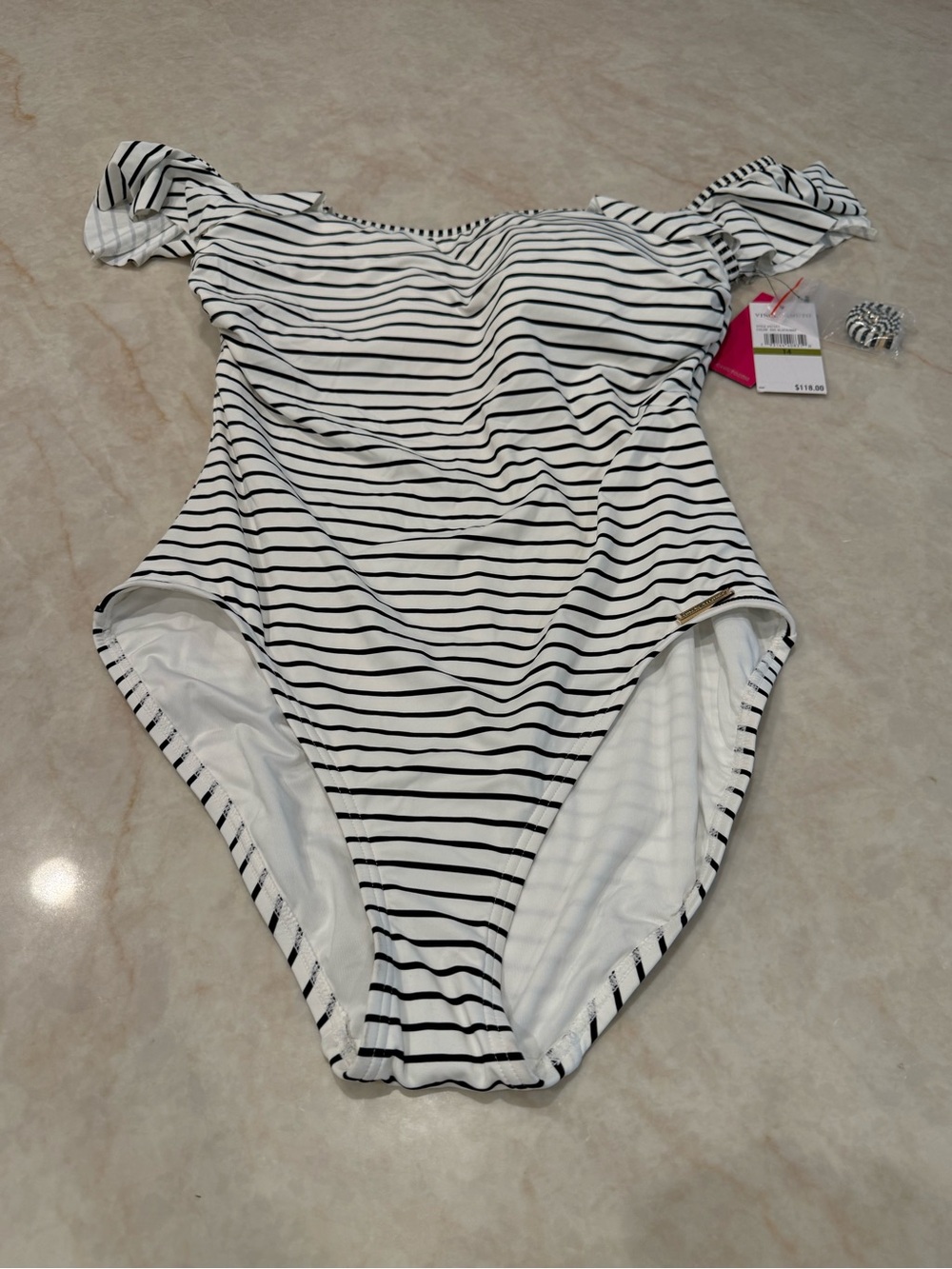 Vince Camuto White and Black Striped Off-Shoulder One-Piece Swimsuit